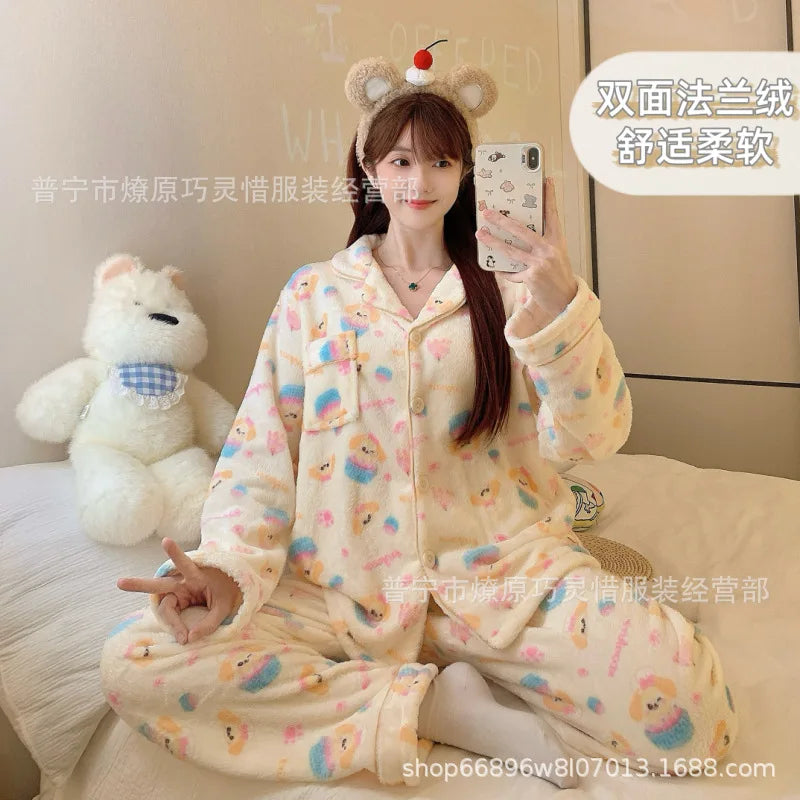 2Pcs Anime Kuromi Melody Hello Kitty 2Pcs Woman's Pajamas Set Girls Coral Fleece Thicken Warm Fashion Kawaii Student Homewear