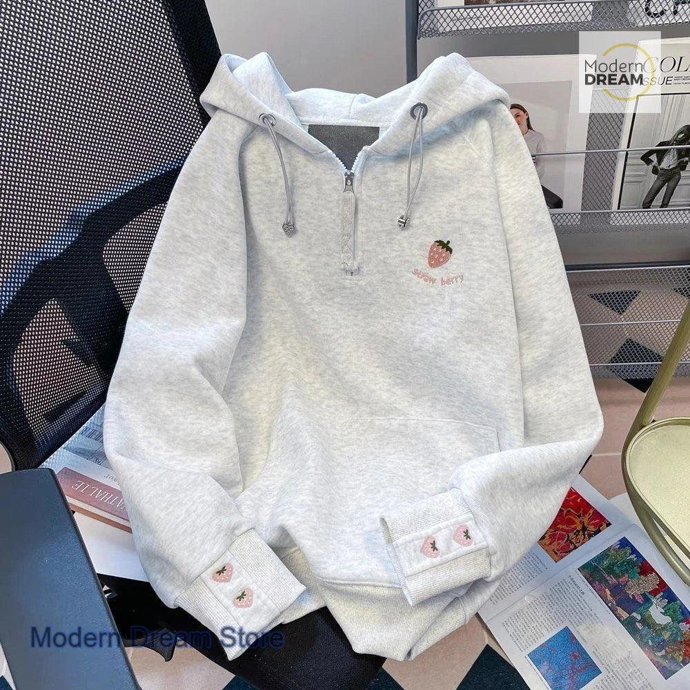 American style retro sweet strawberry embroidery hooded half zipper sweater women's autumn and winter new loose casual coat