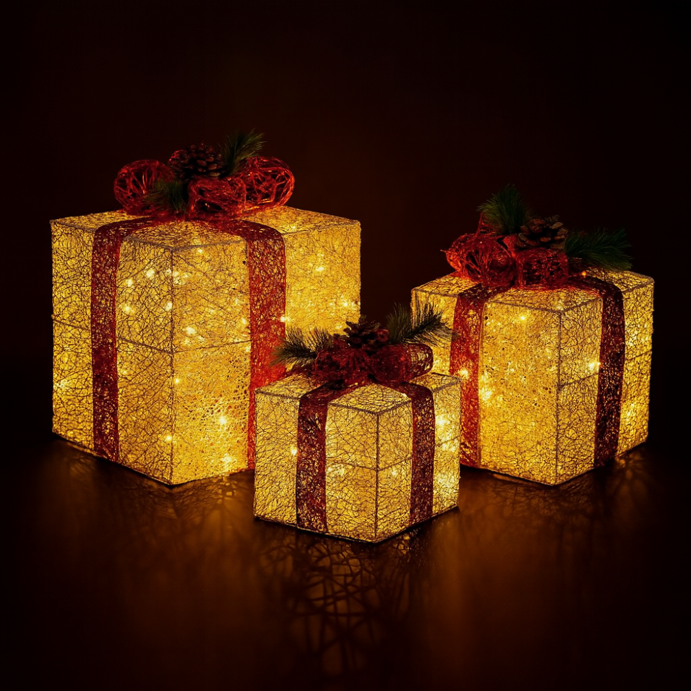 3pcs Lighted Christmas Gift Boxes Set  10" 8" 6" Golden LED Present
