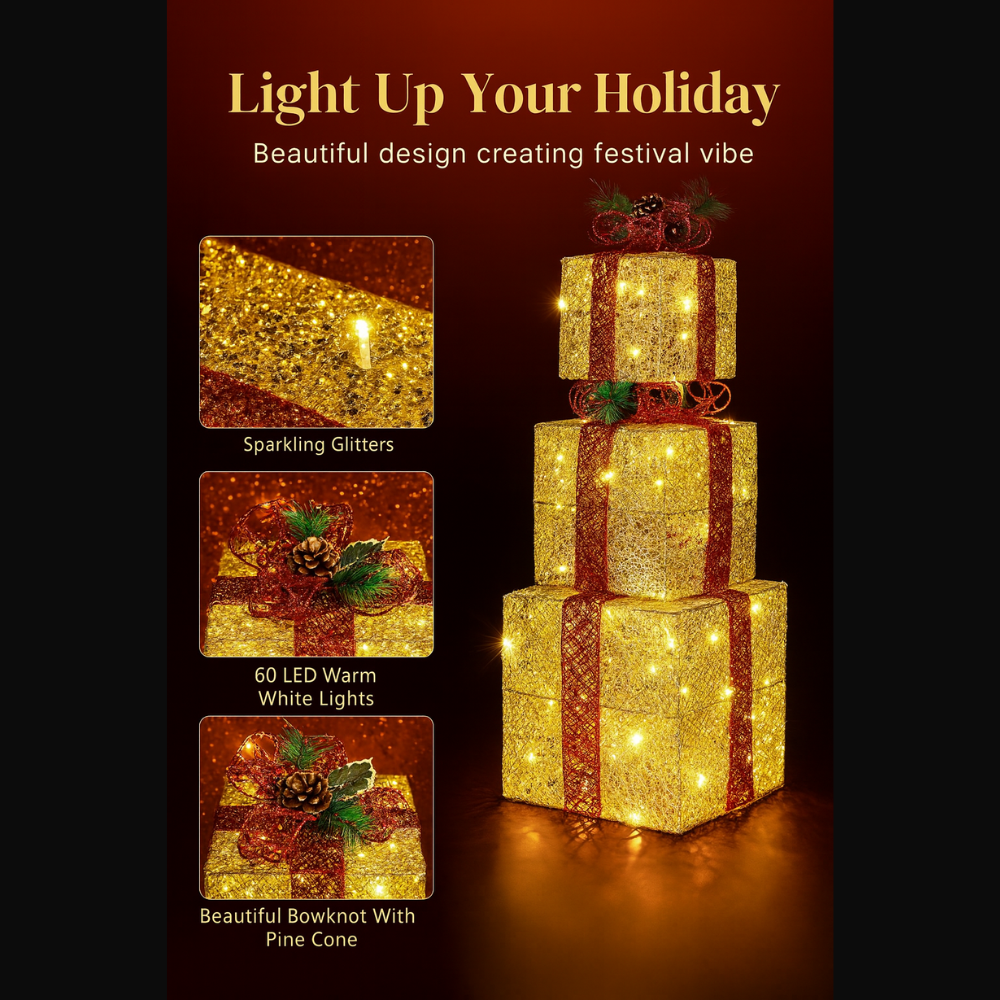 3pcs Lighted Christmas Gift Boxes Set  10" 8" 6" Golden LED Present