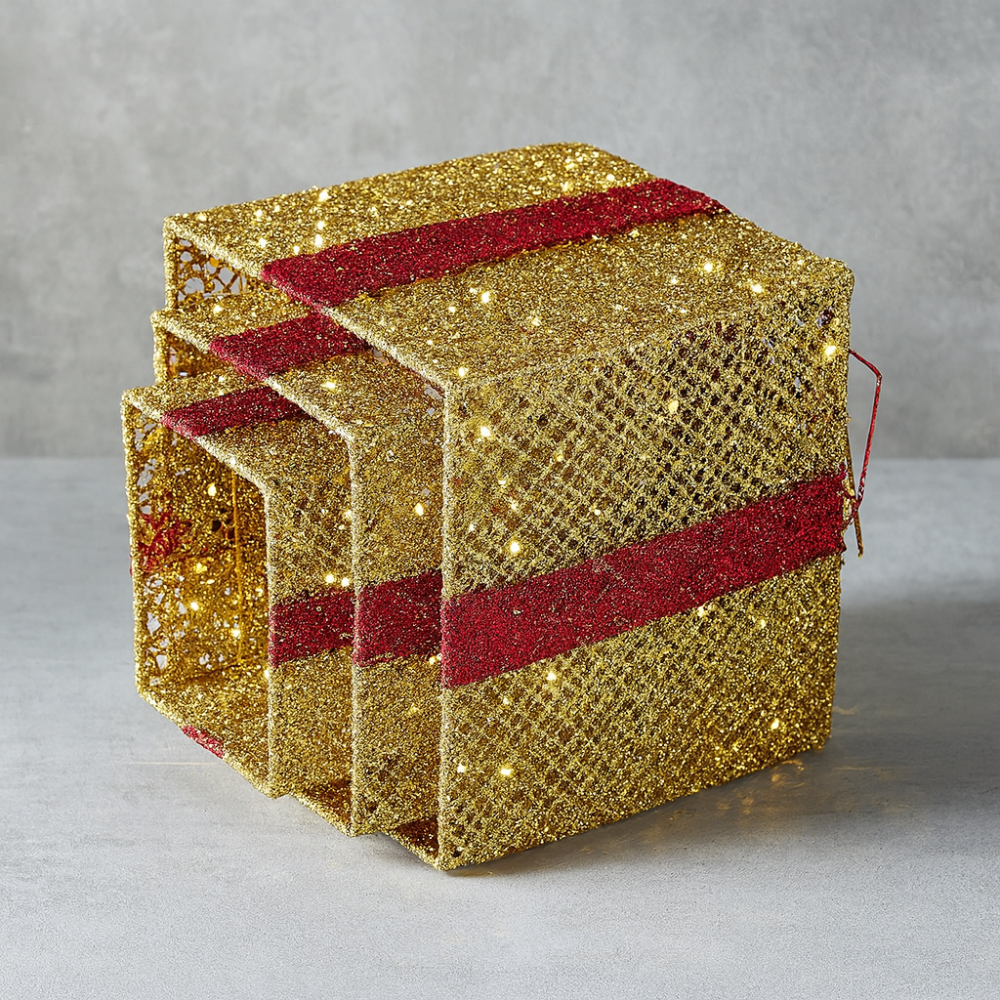 3pcs Lighted Christmas Gift Boxes Set  10" 8" 6" Golden LED Present
