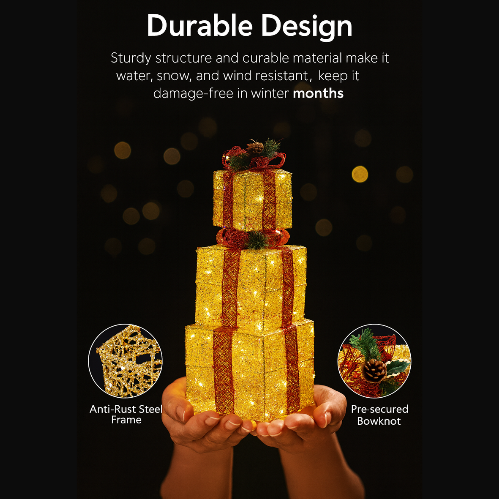 3pcs Lighted Christmas Gift Boxes Set  10" 8" 6" Golden LED Present