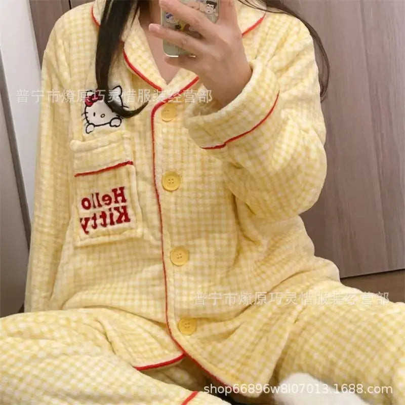 2Pcs Anime Kuromi Melody Hello Kitty 2Pcs Woman's Pajamas Set Girls Coral Fleece Thicken Warm Fashion Kawaii Student Homewear