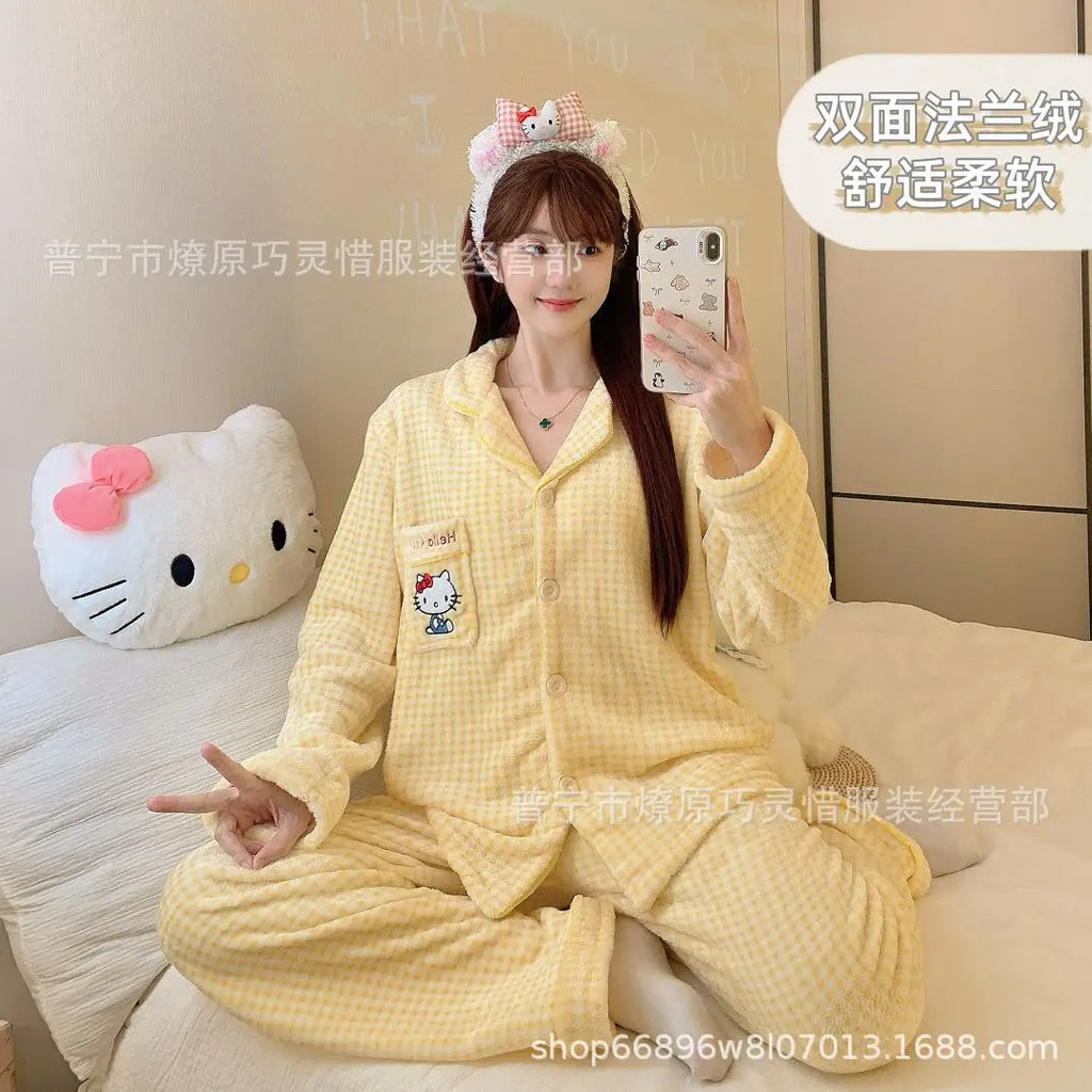 2Pcs Anime Kuromi Melody Hello Kitty 2Pcs Woman's Pajamas Set Girls Coral Fleece Thicken Warm Fashion Kawaii Student Homewear