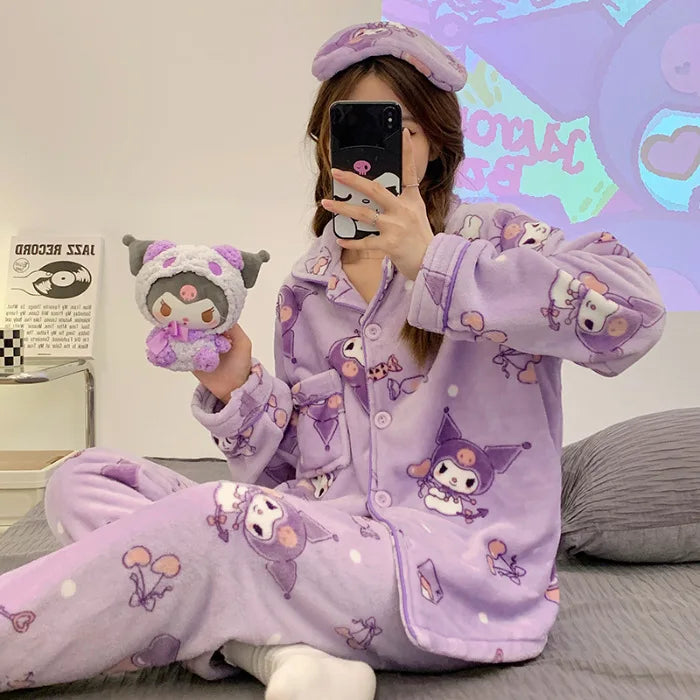 2Pcs Anime Kuromi Melody Hello Kitty 2Pcs Woman's Pajamas Set Girls Coral Fleece Thicken Warm Fashion Kawaii Student Homewear