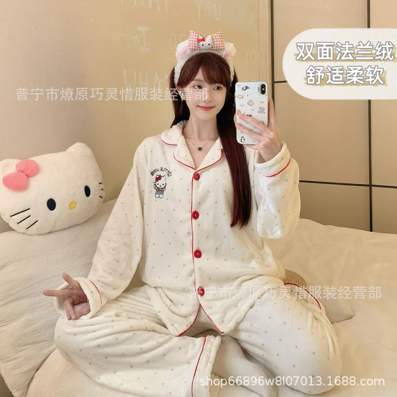 2Pcs Anime Kuromi Melody Hello Kitty 2Pcs Woman's Pajamas Set Girls Coral Fleece Thicken Warm Fashion Kawaii Student Homewear