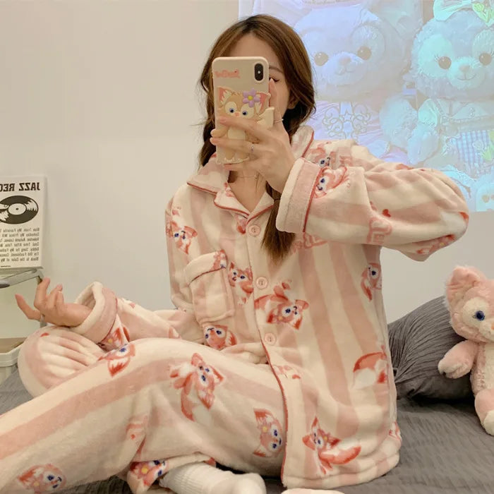 2Pcs Anime Kuromi Melody Hello Kitty 2Pcs Woman's Pajamas Set Girls Coral Fleece Thicken Warm Fashion Kawaii Student Homewear