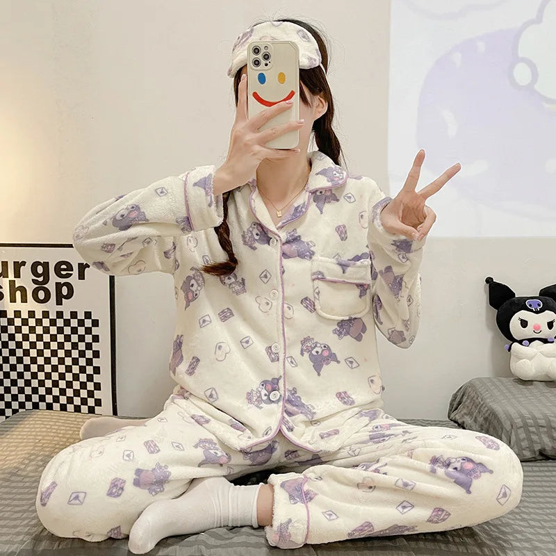 2Pcs Anime Kuromi Melody Hello Kitty 2Pcs Woman's Pajamas Set Girls Coral Fleece Thicken Warm Fashion Kawaii Student Homewear