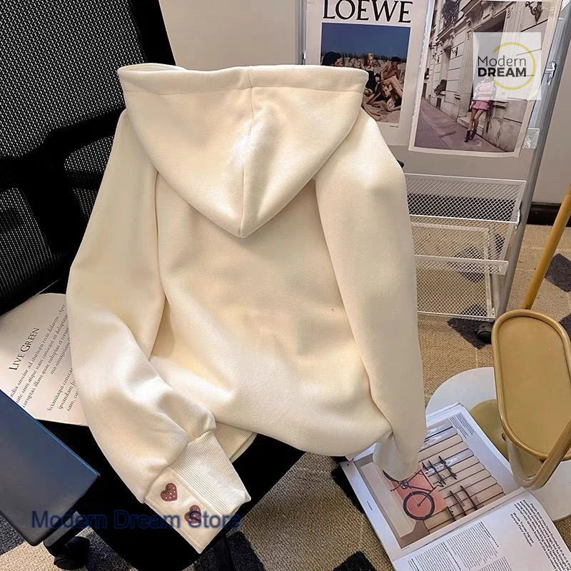 American style retro sweet strawberry embroidery hooded half zipper sweater women's autumn and winter new loose casual coat