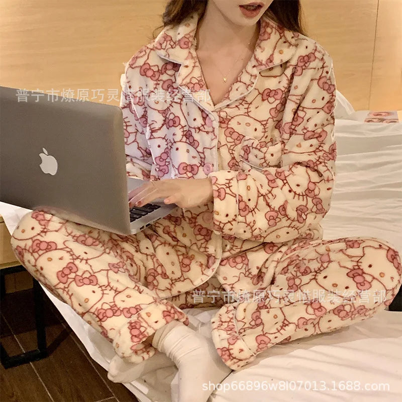 2Pcs Anime Kuromi Melody Hello Kitty 2Pcs Woman's Pajamas Set Girls Coral Fleece Thicken Warm Fashion Kawaii Student Homewear