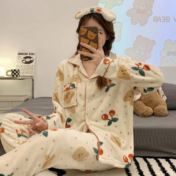 2Pcs Anime Kuromi Melody Hello Kitty 2Pcs Woman's Pajamas Set Girls Coral Fleece Thicken Warm Fashion Kawaii Student Homewear