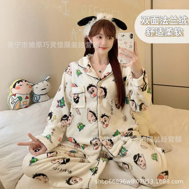 2Pcs Anime Kuromi Melody Hello Kitty 2Pcs Woman's Pajamas Set Girls Coral Fleece Thicken Warm Fashion Kawaii Student Homewear