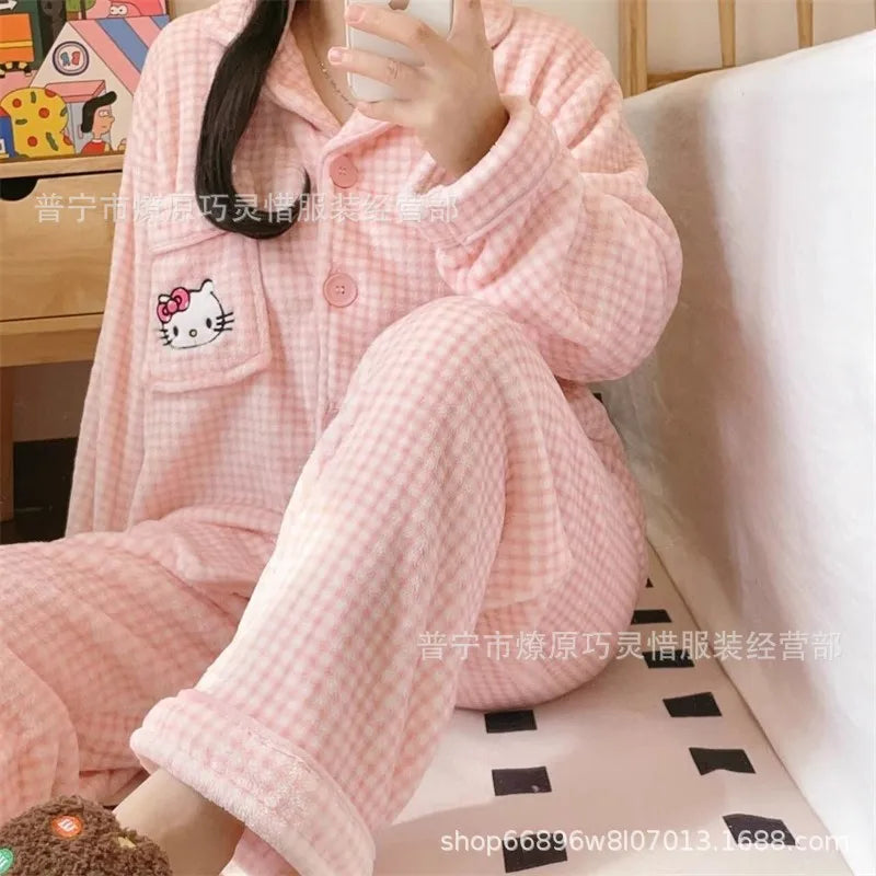 2Pcs Anime Kuromi Melody Hello Kitty 2Pcs Woman's Pajamas Set Girls Coral Fleece Thicken Warm Fashion Kawaii Student Homewear