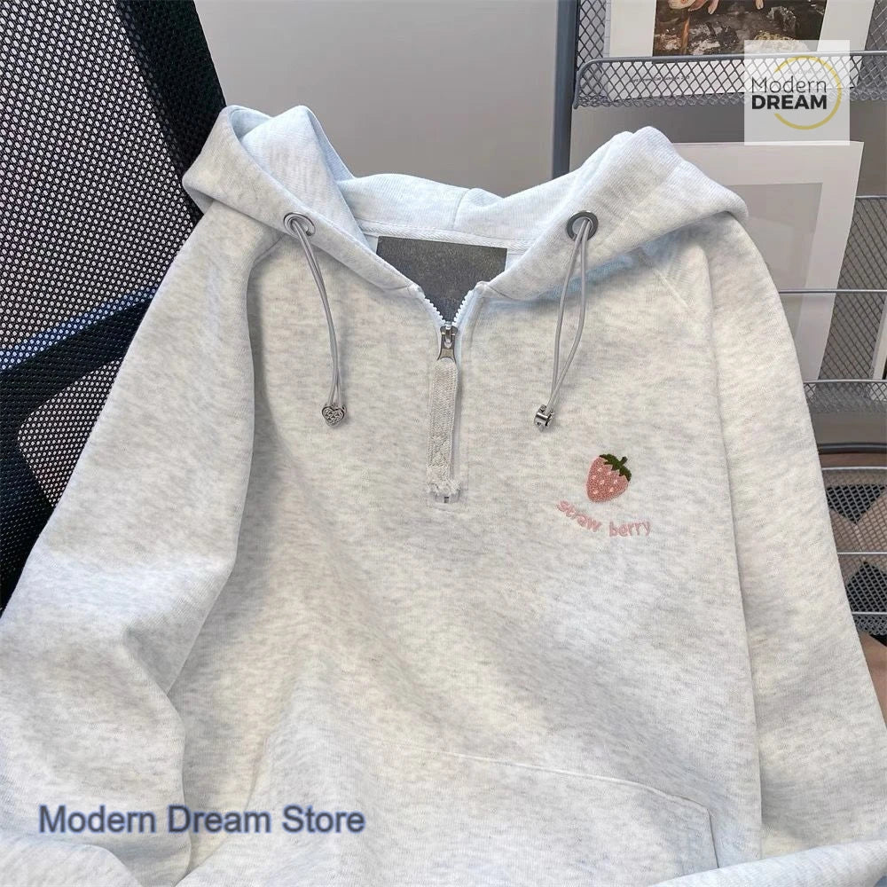 American style retro sweet strawberry embroidery hooded half zipper sweater women's autumn and winter new loose casual coat