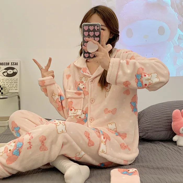 2Pcs Anime Kuromi Melody Hello Kitty 2Pcs Woman's Pajamas Set Girls Coral Fleece Thicken Warm Fashion Kawaii Student Homewear