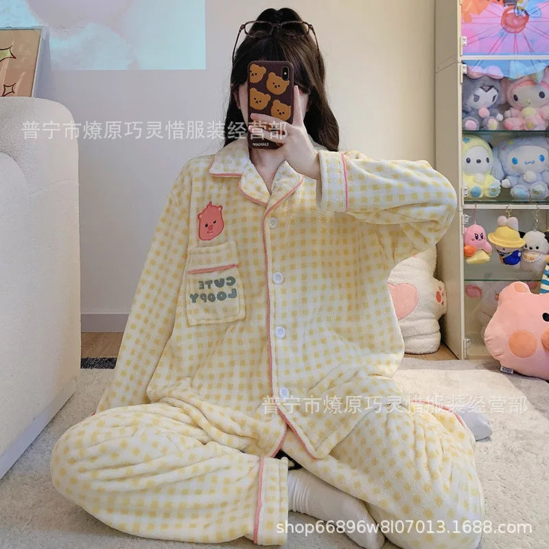 2Pcs Anime Kuromi Melody Hello Kitty 2Pcs Woman's Pajamas Set Girls Coral Fleece Thicken Warm Fashion Kawaii Student Homewear