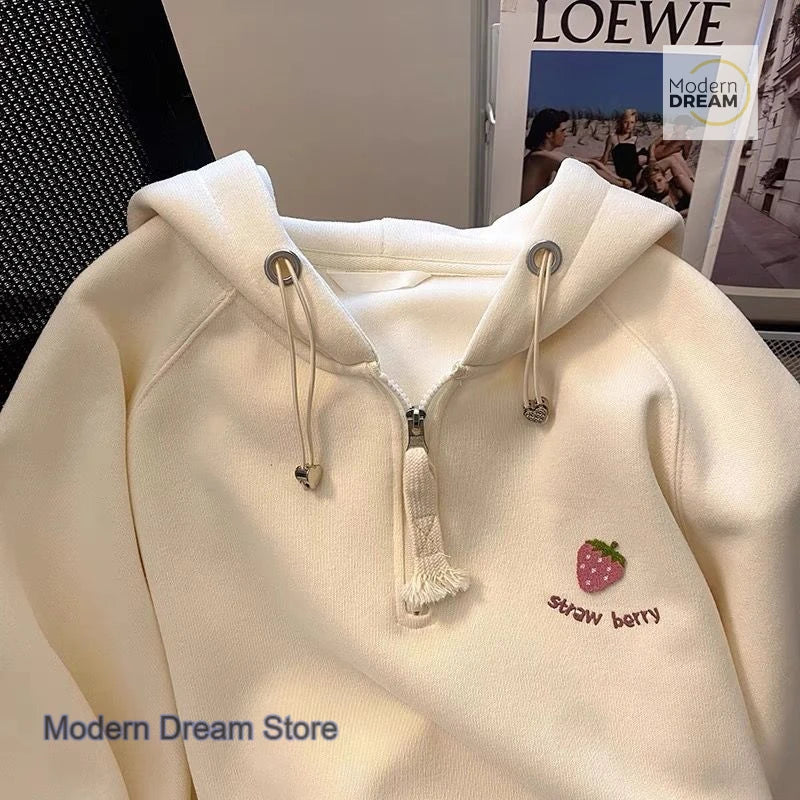 American style retro sweet strawberry embroidery hooded half zipper sweater women's autumn and winter new loose casual coat