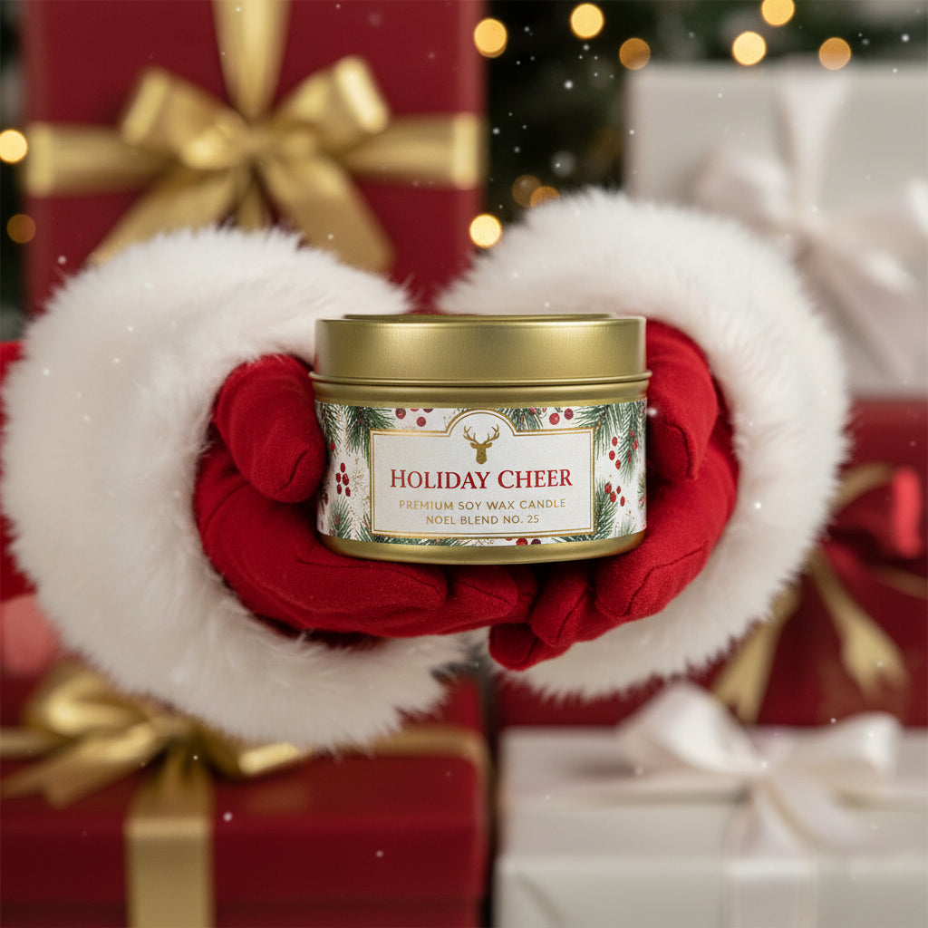 Santa  Setting down Candle tin labeled 'Fields of Provence' with a scenic label  on a Christmas Box