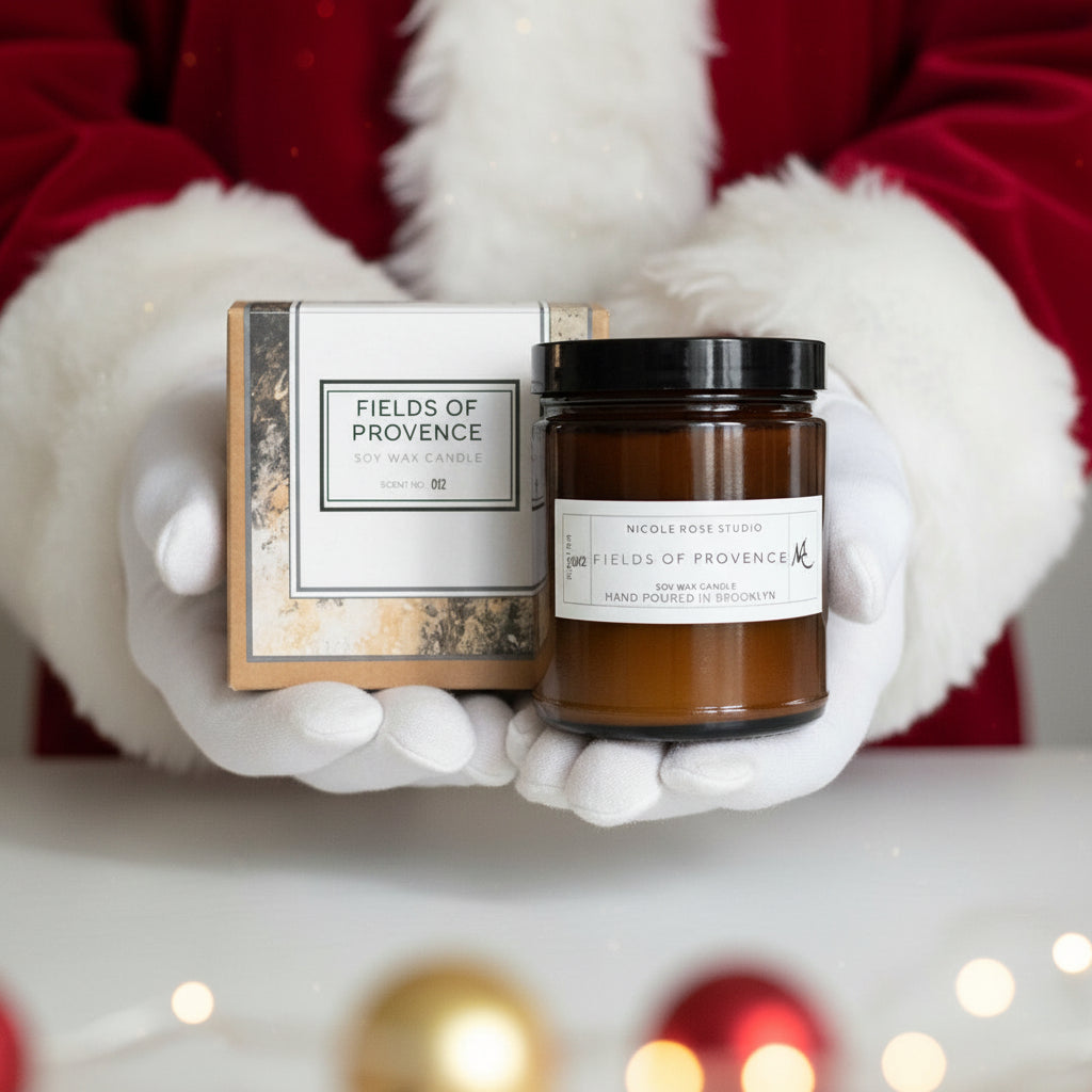 Soy wax candle with packaging labeled 'Fields of Provence' by Nicole Rose Studio  being held by Santa Clause
