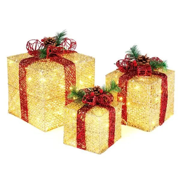 3pcs Lighted Christmas Gift Boxes Set  10" 8" 6" Golden LED Present