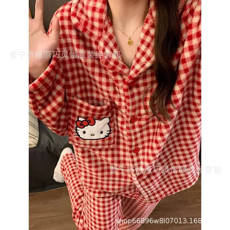 2Pcs Anime Kuromi Melody Hello Kitty 2Pcs Woman's Pajamas Set Girls Coral Fleece Thicken Warm Fashion Kawaii Student Homewear
