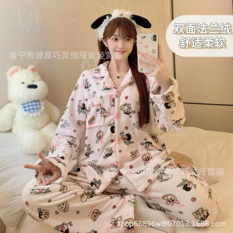 2Pcs Anime Kuromi Melody Hello Kitty 2Pcs Woman's Pajamas Set Girls Coral Fleece Thicken Warm Fashion Kawaii Student Homewear