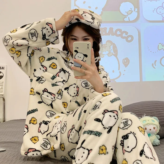 2Pcs Anime Kuromi Melody Hello Kitty 2Pcs Woman's Pajamas Set Girls Coral Fleece Thicken Warm Fashion Kawaii Student Homewear