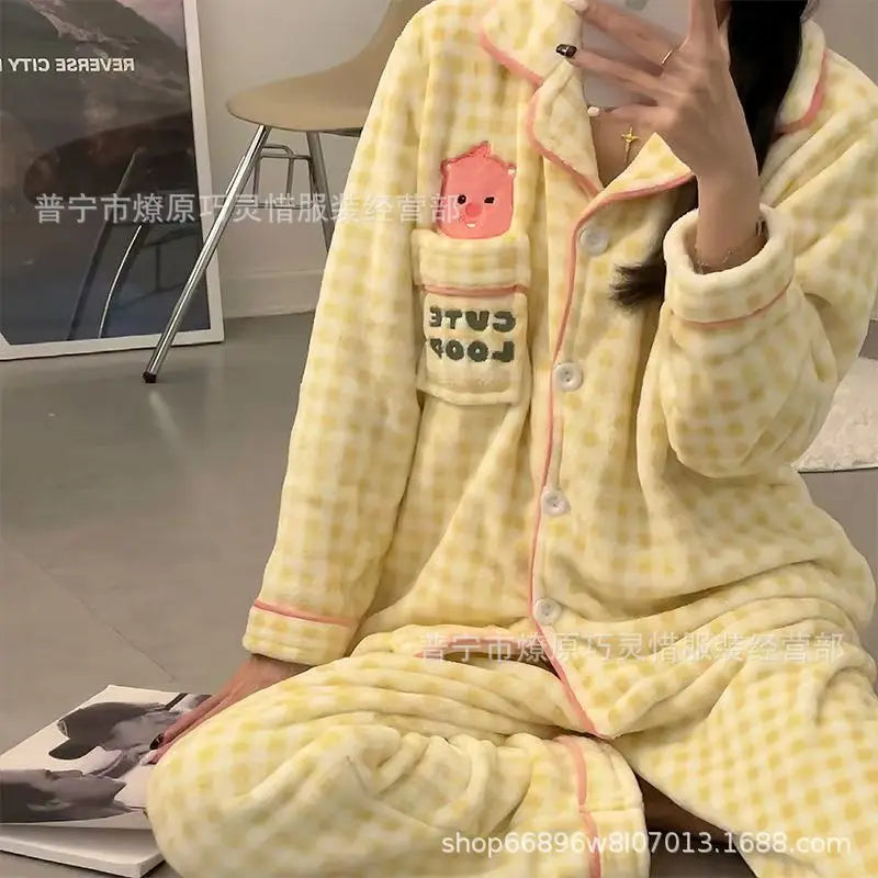 2Pcs Anime Kuromi Melody Hello Kitty 2Pcs Woman's Pajamas Set Girls Coral Fleece Thicken Warm Fashion Kawaii Student Homewear