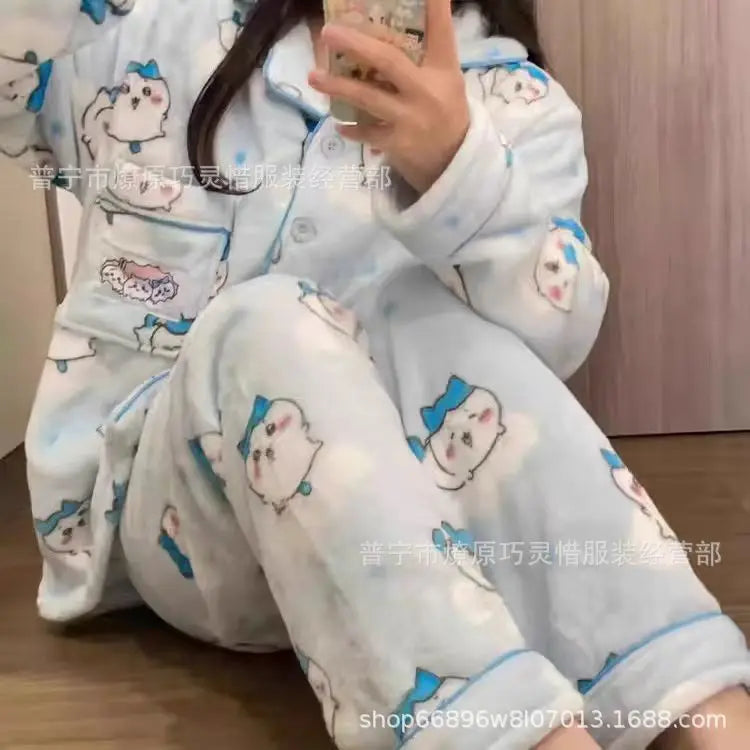 2Pcs Anime Kuromi Melody Hello Kitty 2Pcs Woman's Pajamas Set Girls Coral Fleece Thicken Warm Fashion Kawaii Student Homewear