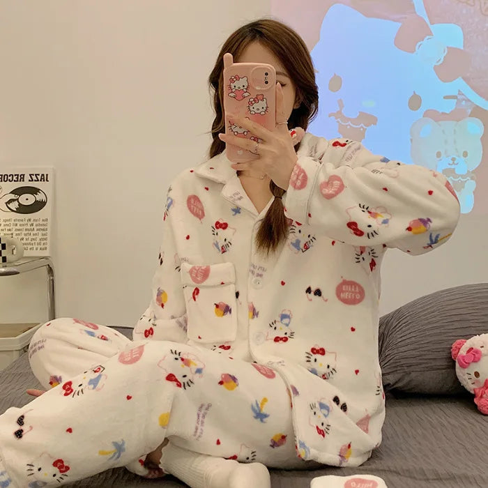 2Pcs Anime Kuromi Melody Hello Kitty 2Pcs Woman's Pajamas Set Girls Coral Fleece Thicken Warm Fashion Kawaii Student Homewear