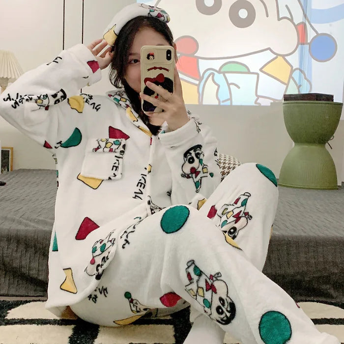 2Pcs Anime Kuromi Melody Hello Kitty 2Pcs Woman's Pajamas Set Girls Coral Fleece Thicken Warm Fashion Kawaii Student Homewear