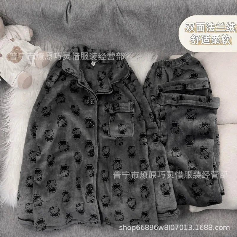 2Pcs Anime Kuromi Melody Hello Kitty 2Pcs Woman's Pajamas Set Girls Coral Fleece Thicken Warm Fashion Kawaii Student Homewear