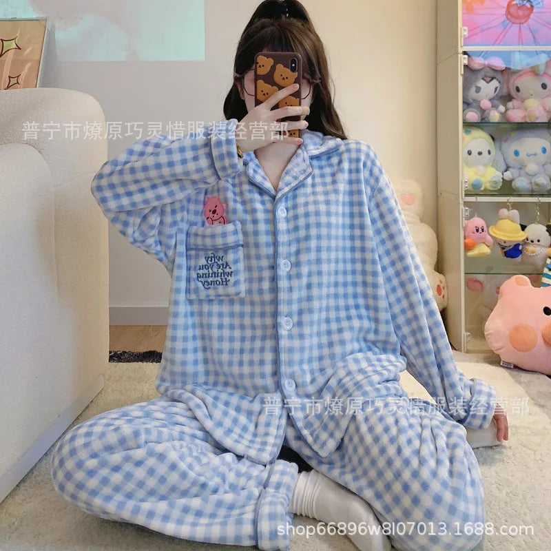 2Pcs Anime Kuromi Melody Hello Kitty 2Pcs Woman's Pajamas Set Girls Coral Fleece Thicken Warm Fashion Kawaii Student Homewear