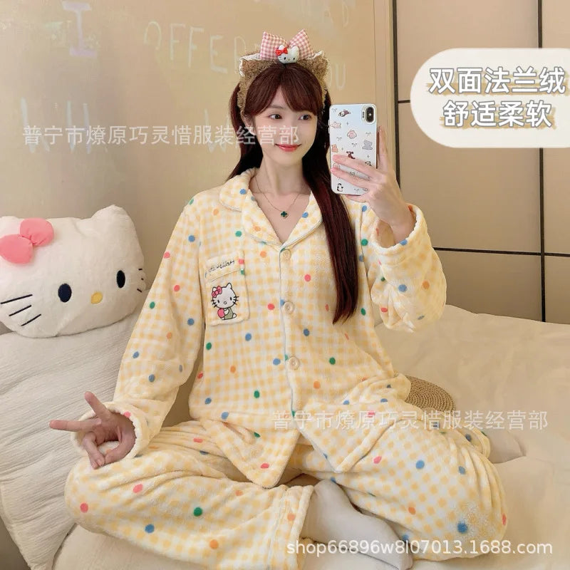2Pcs Anime Kuromi Melody Hello Kitty 2Pcs Woman's Pajamas Set Girls Coral Fleece Thicken Warm Fashion Kawaii Student Homewear