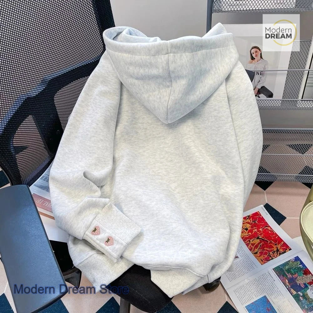 American style retro sweet strawberry embroidery hooded half zipper sweater women's autumn and winter new loose casual coat