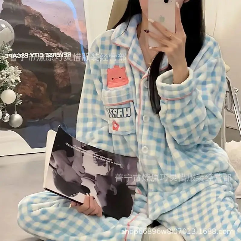 2Pcs Anime Kuromi Melody Hello Kitty 2Pcs Woman's Pajamas Set Girls Coral Fleece Thicken Warm Fashion Kawaii Student Homewear