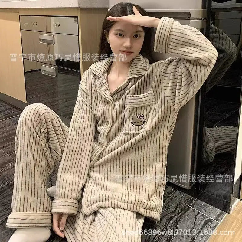 2Pcs Anime Kuromi Melody Hello Kitty 2Pcs Woman's Pajamas Set Girls Coral Fleece Thicken Warm Fashion Kawaii Student Homewear