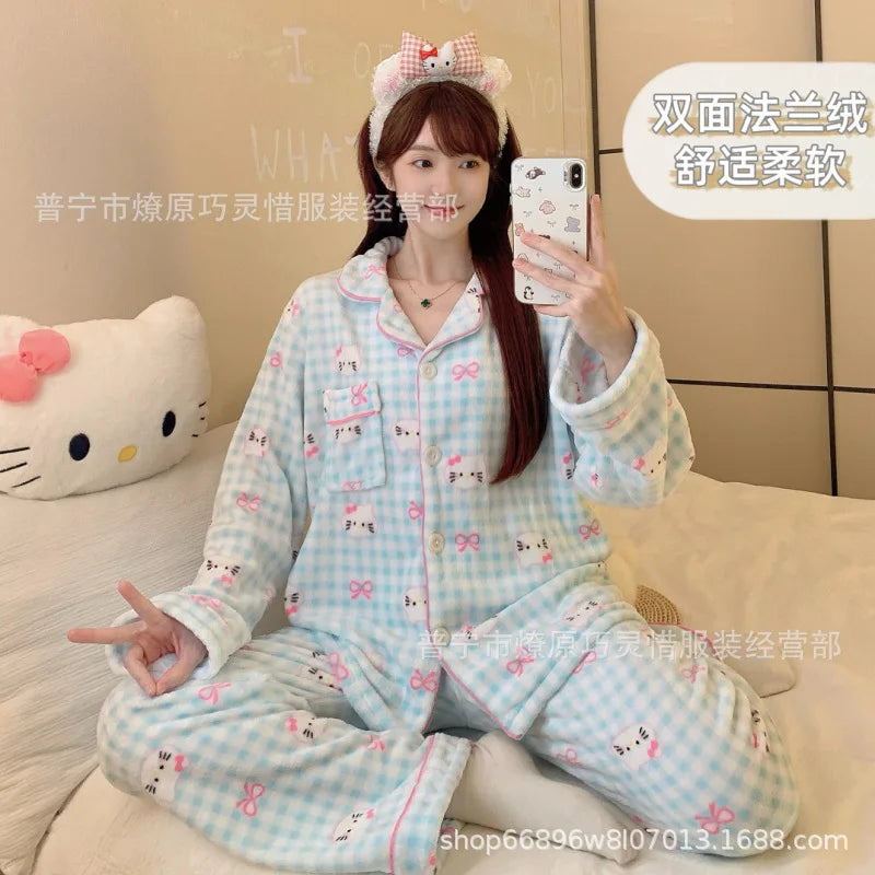 2Pcs Anime Kuromi Melody Hello Kitty 2Pcs Woman's Pajamas Set Girls Coral Fleece Thicken Warm Fashion Kawaii Student Homewear