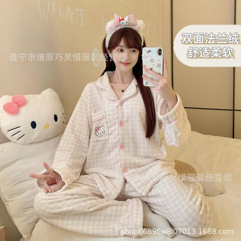 2Pcs Anime Kuromi Melody Hello Kitty 2Pcs Woman's Pajamas Set Girls Coral Fleece Thicken Warm Fashion Kawaii Student Homewear