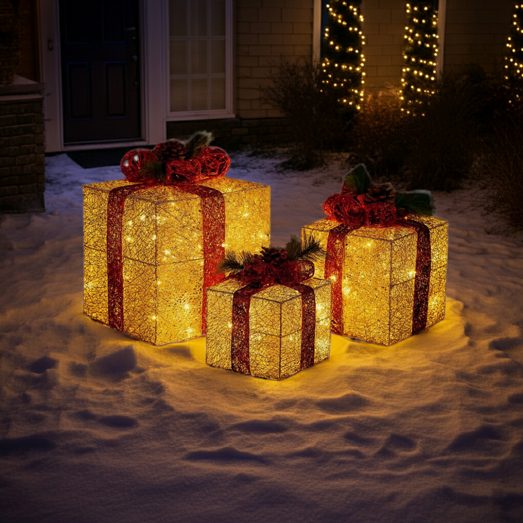 3pcs Lighted Christmas Gift Boxes Set  10" 8" 6" Golden LED Present