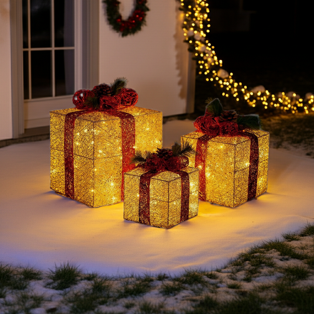 3pcs Lighted Christmas Gift Boxes Set  10" 8" 6" Golden LED Present
