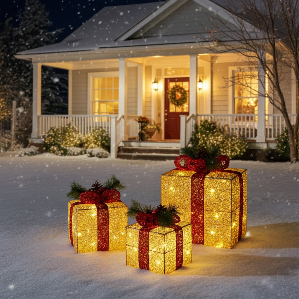 3pcs Lighted Christmas Gift Boxes Set  10" 8" 6" Golden LED Present