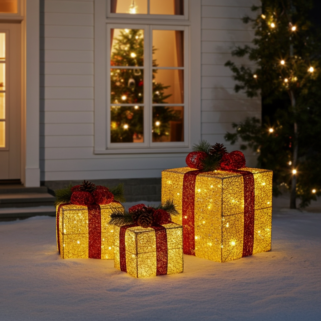 3pcs Lighted Christmas Gift Boxes Set  10" 8" 6" Golden LED Present